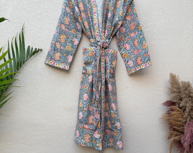Hand Block Print Waffle Bathrobe for Women | Floral Cotton Kimono Robe | Lightweight Spa Robe | Soft Summer Loungewear | Bridal Gift Robe
