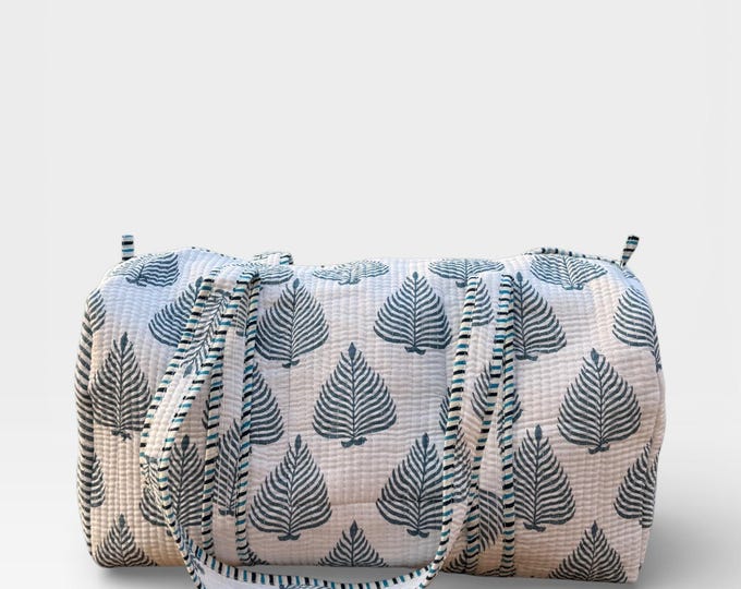 Handmade Cotton Block Print Duffle Bag – Blue Leaf Print Quilted Weekender Bag – Indian Jaipuri Travel Tote – Overnight Gym Bag