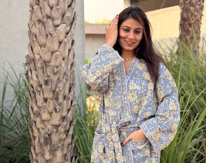 Hand Block Print Cotton Waffle Robe, Floral Kimono Loungewear