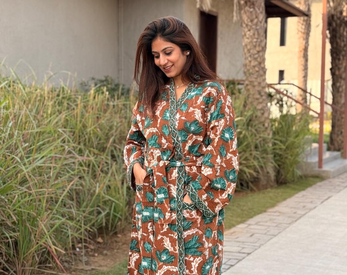 Hand Block Print Waffle Cotton Bathrobe, Lightweight Spa Robe, Natural Dye Kimono Robe, Handmade Unisex Bathrobe, Sustainable Loungewear