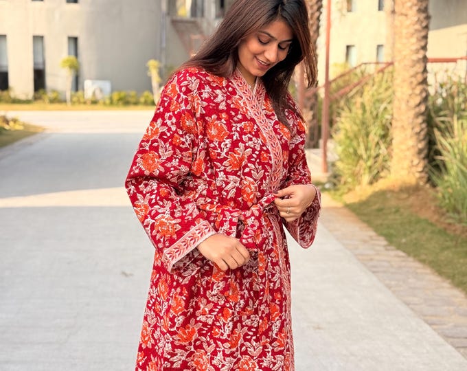 Hand Block Print Waffle Cotton Bathrobe, Lightweight Spa Robe, Natural Dye Kimono Robe, Handmade Unisex Bathrobe, Sustainable Loungewear