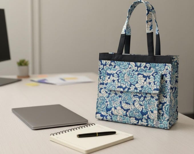 Blue Floral Block Print Tote Bag, Handmade Cotton Handbag, Waterproof Lined Tote, Large Capacity Everyday Bag, Gift for Her, office bag