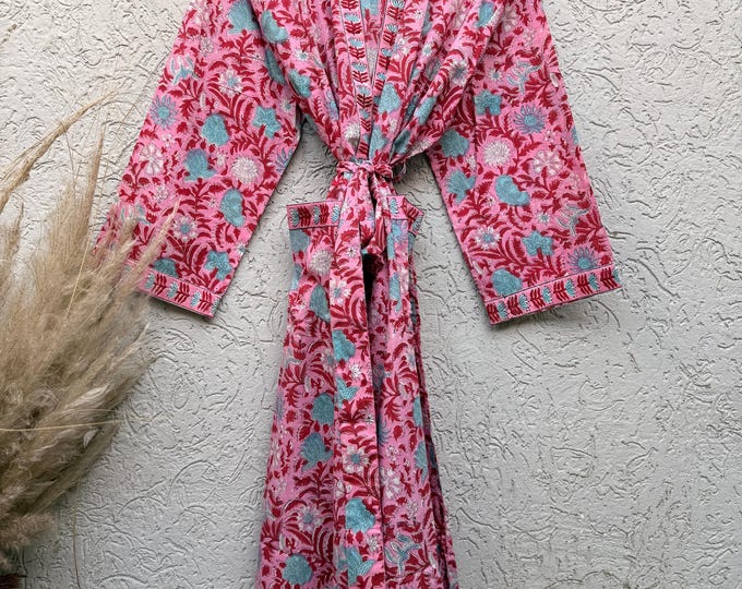 Hand Block Printed Cotton Bathrobe – Pink Floral Kimono Robe – Lightweight Boho Dressing Gown – Soft Spa Robe – Bridesmaid Gift –