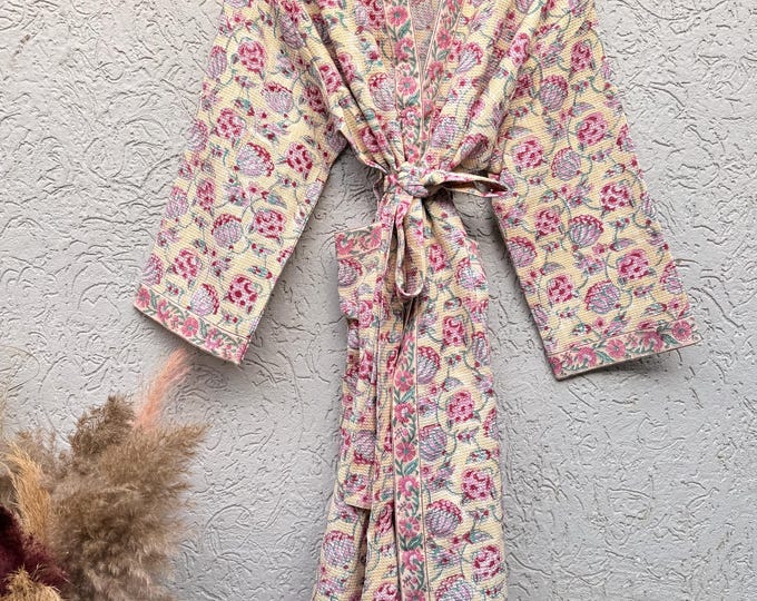 Hand Block Print Waffle Bathrobe for Women | Floral Cotton Kimono Robe | Lightweight Spa Robe | Soft Summer Loungewear | Bridal Gift Robe