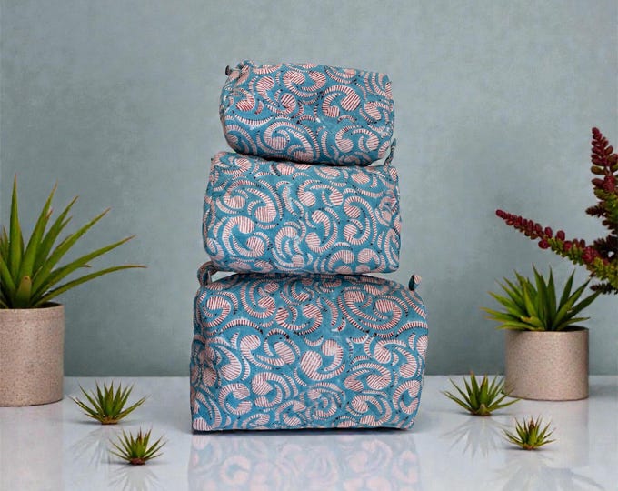 Hand Block Print Cotton Cosmetic Bag, Handmade Travel Pouch, Toiletry Organizer, Unique Handmade Gift