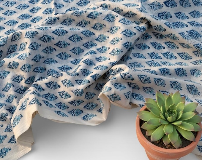 Hand Block Print Cotton Fabric – Blue Floral Buta on Off-White Base | Indian Cotton Dressmaking Fabric | Boho Sewing & Craft Yardage