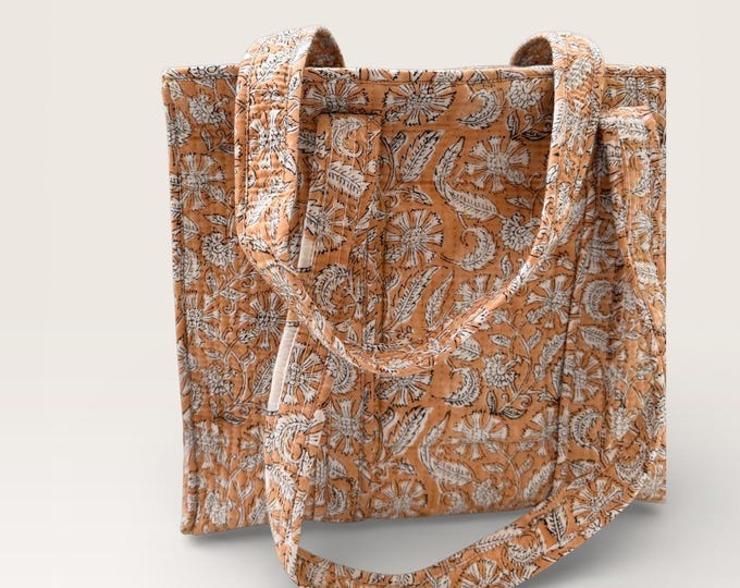 Handmade Block Print Cotton Tote Bag – Brown Floral Indian Handbag – Quilted Shoulder Bag – Eco Friendly Market & Everyday Tote