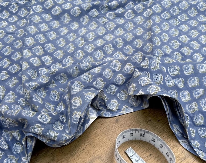 Indigo Blue Hand Block Print Cotton Fabric – Small Floral Buta Print, Soft Indian Cotton by Yard, Lightweight Dress Fabric, Boho Sewing