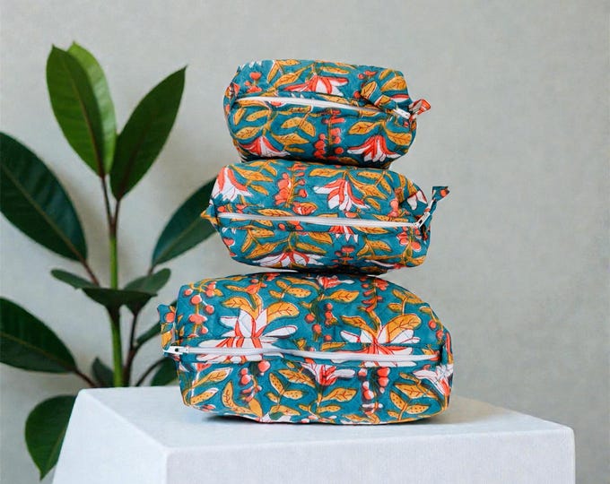 Hand Block Print Cotton Pouch Bag, Handmade Makeup Bag, Toiletry Organizer, Travel Cosmetic Pouch, Sustainable Gift