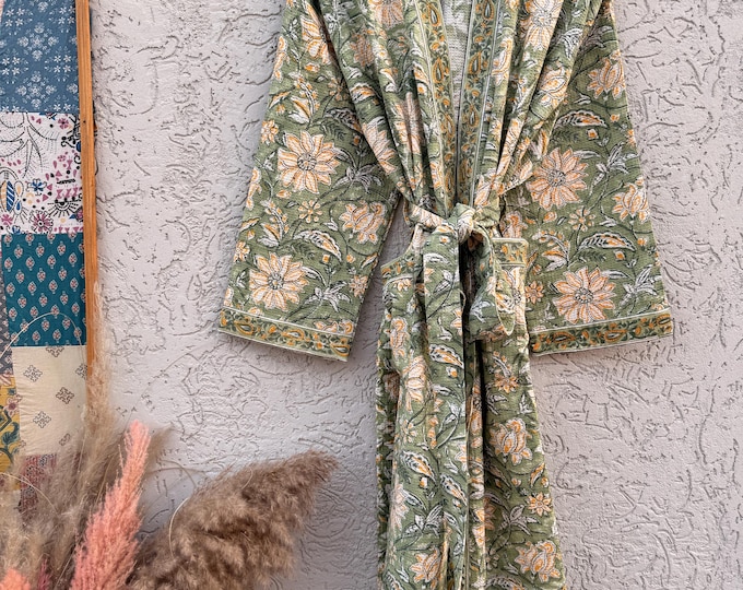 Green Floral Block Print Waffle Cotton Bathrobe – Handmade Jaipuri Kimono Robe – Lightweight Spa & Lounge Wear – Bridesmaid Gift for Women