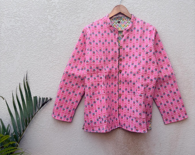 Pink Block Print Cotton Jacket | Handmade Quilted Jacket | Indian Floral Print Coat | Lightweight Boho Jacket  Ethnic Cotton Layering Jacket