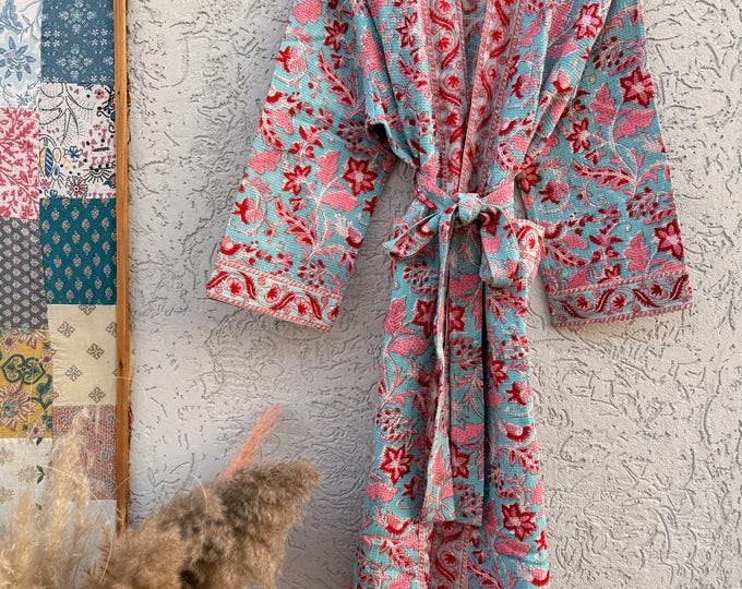 Turquoise Floral Block Print Waffle Bathrobe – Handmade Cotton Kimono Robe – Jaipuri Lightweight Spa Robe – Boho Bridal Getting Ready Gown
