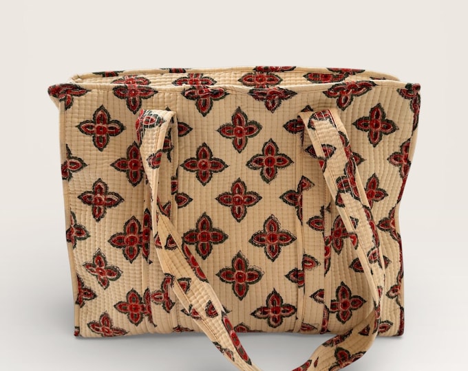 Handmade Block Print Quilted Tote Bag – Beige Cotton Floral Handbag – Indian Blockprint Shoulder Bag – Everyday Eco Friendly Market Bag