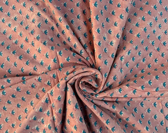 Hand Block Printed Cotton Fabric – Peach Rust Base with Teal Floral Motif | Indian Blockprint Running Fabric for Sewing, Quilting & Craft