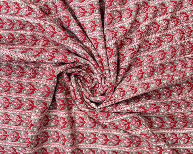 Red Floral Stripe Hand Block Print Cotton Fabric by Yard,Indian Running Fabric, Jaipur Block Print Textile for Dress, Quilting, & DIY Sewing