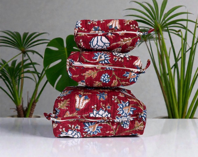 Hand Block Print Cotton Pouch Bag, Handmade Makeup Bag, Toiletry Organizer, Travel Cosmetic Pouch, Sustainable Gift