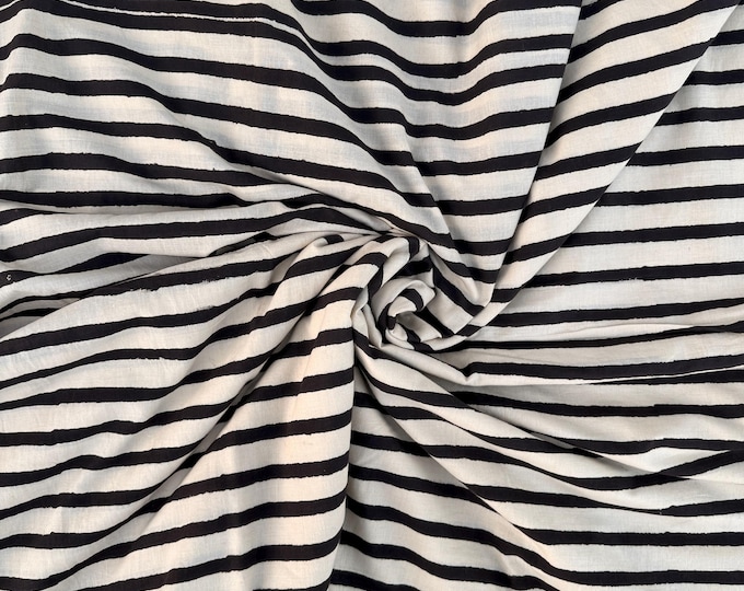 Bagru Hand Block Print Stripe Cotton Fabric – Natural Dye Off White base & Black Stripes – Minimalist Vegetable Dyed Fabric by Yard
