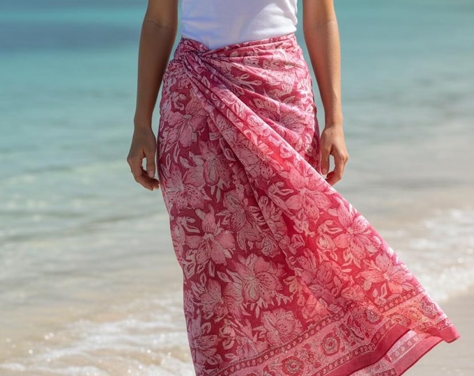 Pink Floral Block Print Sarong – Handmade Cotton Beach Wrap, Boho Pareo, Summer Swim Cover Up, Resort Wear Sarong, Beach Dress Wrap