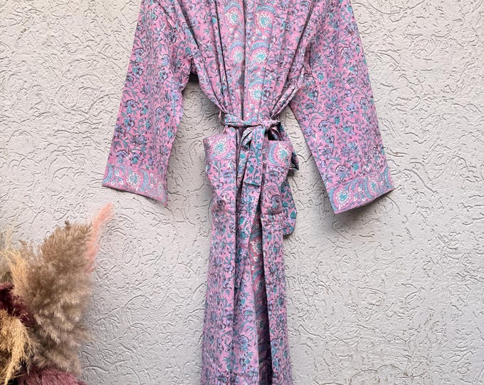 Pink Floral Block Print Cotton Bathrobe | Handmade Indian Robe | Lightweight Kimono Robe | Bridal Getting Ready Robe | Summer Loungewear
