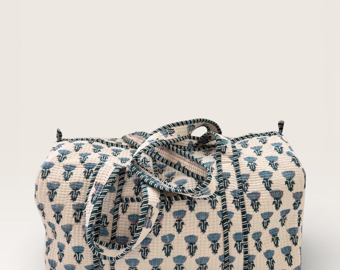 Handmade Block Print Duffle Bag – Quilted Cotton Travel Bag – Blue Floral Indian Weekender – Overnight Gym & Carry On Bag