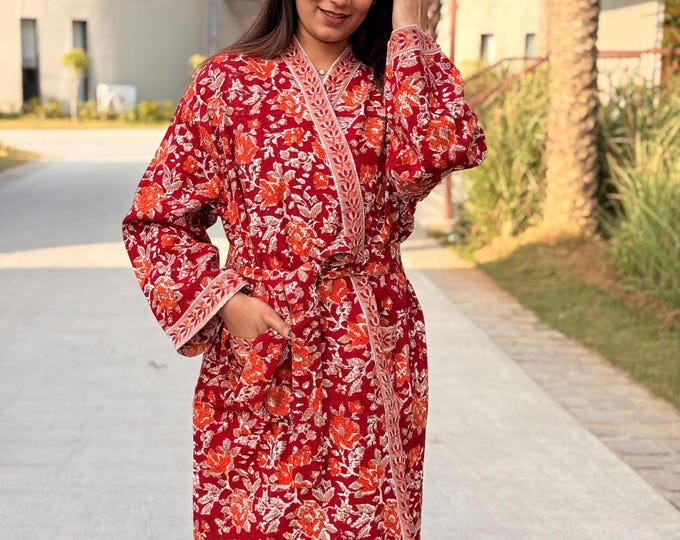 Hand Block Print Cotton Waffle Robe, Floral Kimono Loungewear