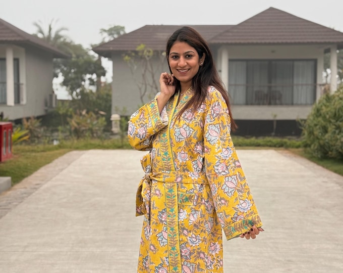 Hand Block Print Waffle Cotton Bathrobe, Lightweight Spa Robe, Natural Dye Kimono Robe, Handmade Unisex Bathrobe, Sustainable Loungewear