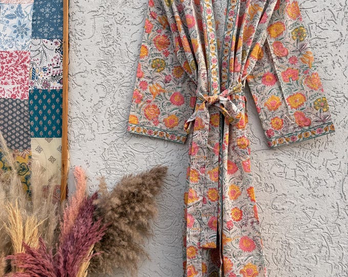 Jaipuri Floral Block Print Cotton Bathrobe | Grey Pink Mustard Kimono Robe | Handmade Indian Dressing Gown | Lightweight Spa Robe