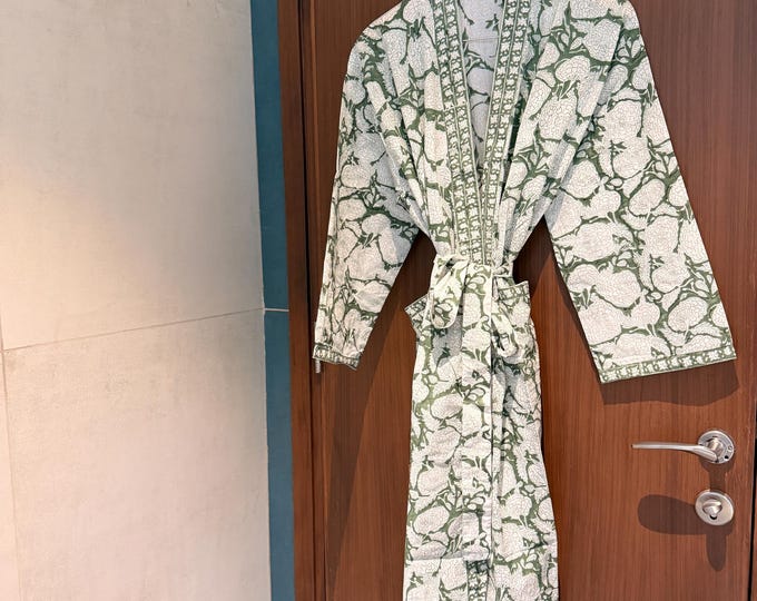 Hand Block Print Cotton Kimono Robe, Floral Sanganeri Design