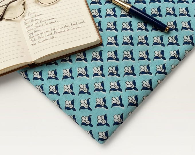 Blue Floral Hand Block Print Cotton Fabric by Yard, Indian Blockprint Fabric, Soft Cotton Sewing Fabric, Quilting Fabric, Craft Fabric,