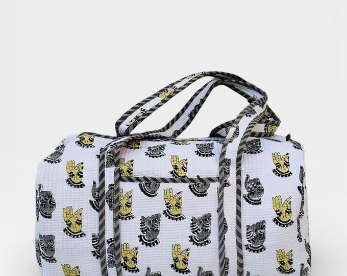 Hand Block Print Cotton Duffle Bag, Waffle Fabric Travel Bag, Handmade Weekend Bag, Lightweight Gym Bag, Eco Friendly Gift