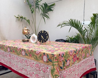 Handmade Block Print Cotton Tablecloth – Beige Floral Indian Table Cover – Farmhouse Dining Table Linen – Red Green Boho Tablecloth