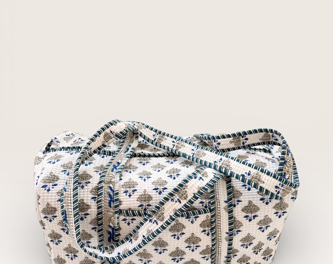 Handmade Block Print Quilted Duffle Bag – Blue & Grey Cotton Weekender Bag – Indian Floral Travel Bag – Overnight Carry On Gym Bag