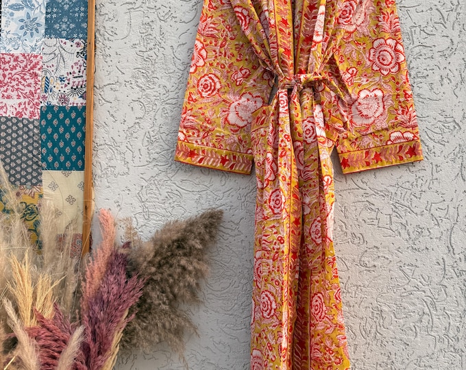 Yellow Floral Cotton Block Print Bathrobe, Handmade Kimono Robe, Lightweight Dressing Gown, Spa Robe, Bridal Getting Ready Robe