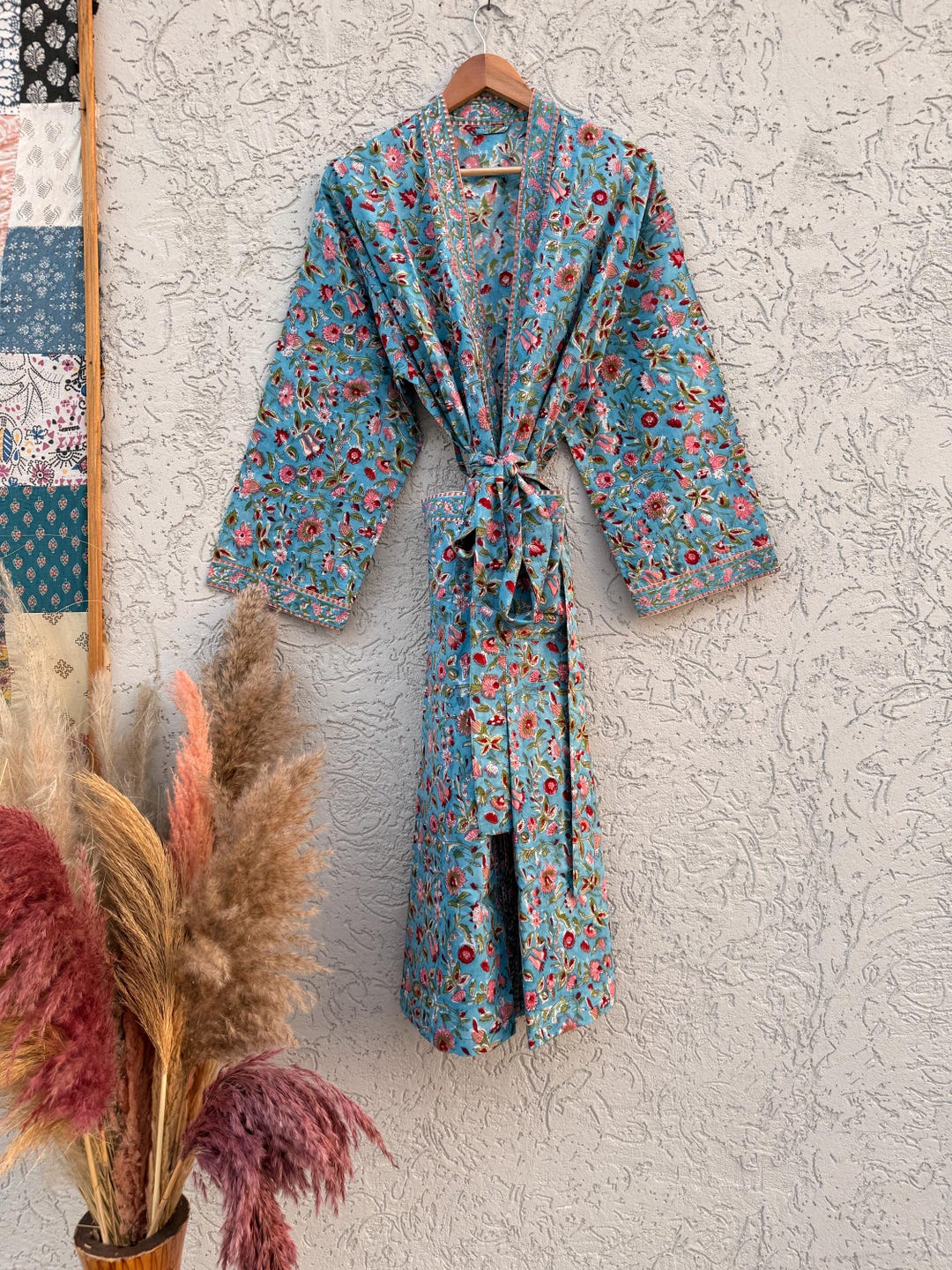 Hand Made Robe Hand Block Print Cotton Bathrobe – Floral Blue Kimono Robe ...