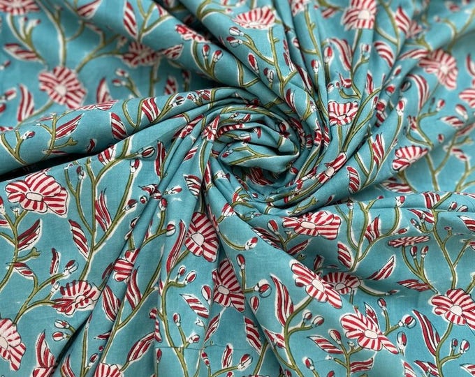 Hand Block Print Cotton Fabric, Turquoise Floral Fabric, Indian Handmade Cotton, Soft Cambric Fabric by Yard, Dressmaking & Home Decor