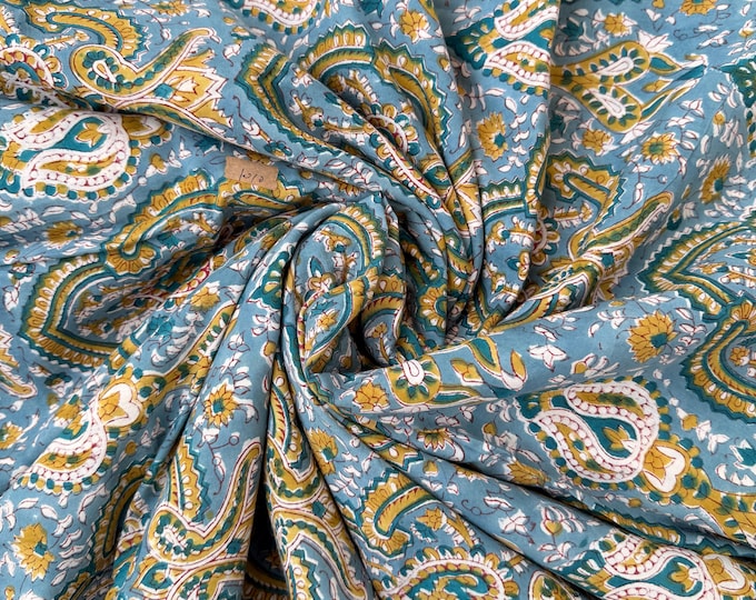 Blue Paisley Hand Block Print Cotton Fabric, Indian Floral Cambric Fabric by Yard, Boho Paisley Textile, Soft Lightweight Dressmaking Fabric