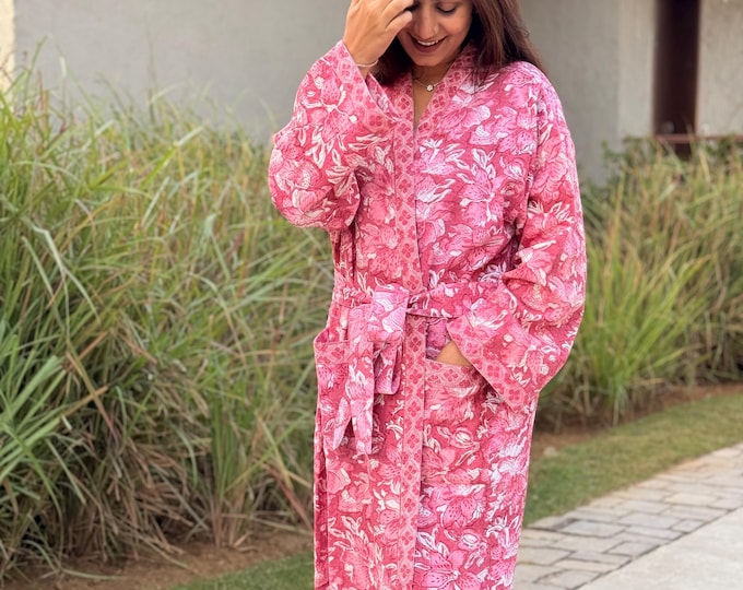 Hand Block Print Waffle Cotton Bathrobe, Lightweight Spa Robe, Natural Dye Kimono Robe, Handmade Unisex Bathrobe, Sustainable Loungewear