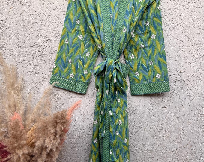 Green Block Print Cotton Bathrobe | Handmade Kimono Robe | Lightweight Floral Lounge Robe | Summer Robe for Women | Spa Robe Gift