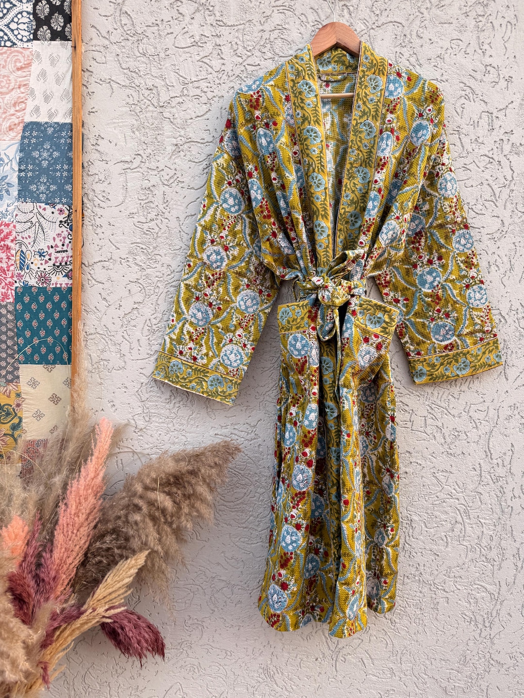 Mustard Yellow Robe Mustard Yellow Block Print Waffle Cotton Bathrobe – Handmade Jaipuri ...