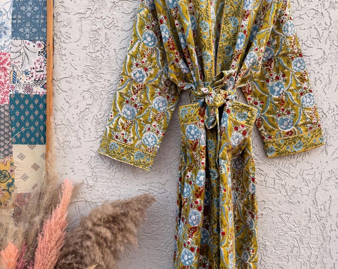 Mustard Yellow Block Print Waffle Cotton Bathrobe – Handmade Jaipuri Floral Kimono Robe – Lightweight Spa Lounge Wear – Bridesmaid Gift