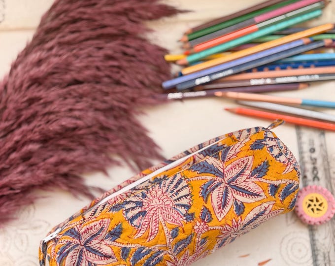 Hand Block Print Cotton Pencil Case, Handmade Zipper Pencil Bag, Stationery Pouch, Eco Friendly School Supplies Organizer