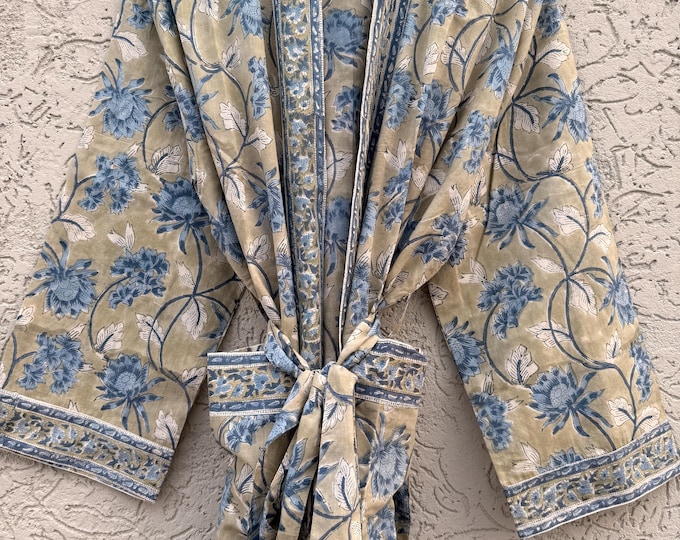 Handmade Cotton Block Print Bathrobe | Soft Lightweight Kimono Robe | Indian Hand Block Printed Dressing Gown | Women’s Spa Robe