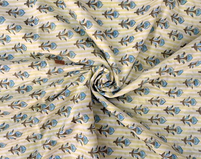 Hand Block Print Cotton Running Fabric, Natural Dye Fabric by the Yard, Handmade Indian Textile, Sewing Craft Fabric