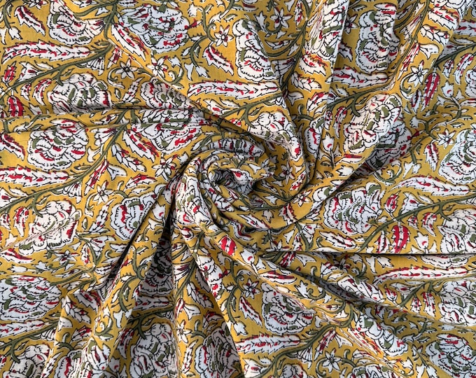 Bagru Hand Block Print Cotton Fabric – Natural Vegetable Dyed Mustard Floral Print – Traditional Bagru Style Fabric by Yard