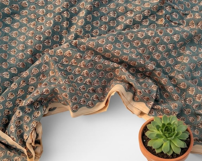 Hand Block Print Cotton Fabric – Teal Blue Floral Buti Print Yardage | Indian Cotton Dressmaking Fabric | Boho Craft & Quilting Fabric