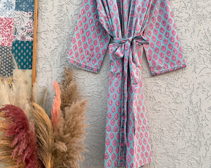 Hand Block Print Cotton Bathrobe – Soft Lightweight Kimono Robe – Floral Blockprint Dressing Gown – Handmade Indian Robe – Bridesmaid Gift