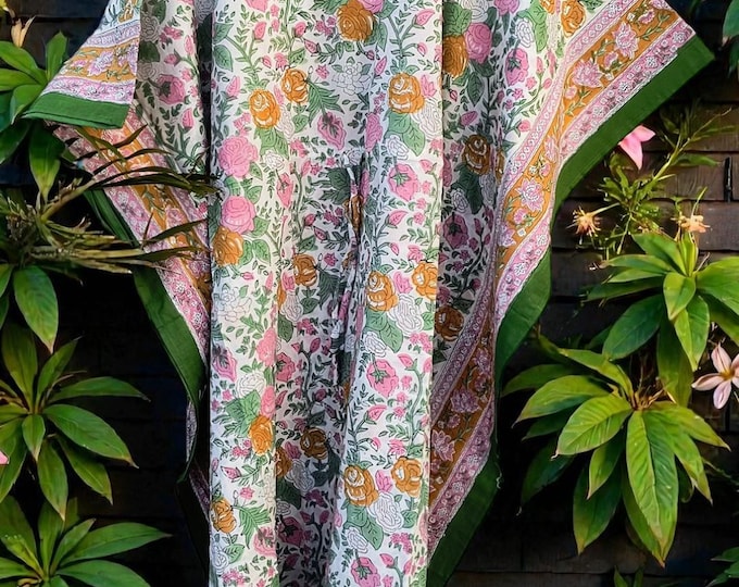 Hand Block Printed Cotton Kaftan – Floral Print with Green Border | Indian Cotton Lounge Kaftan, Boho Summer Dress, Beach Cover Up