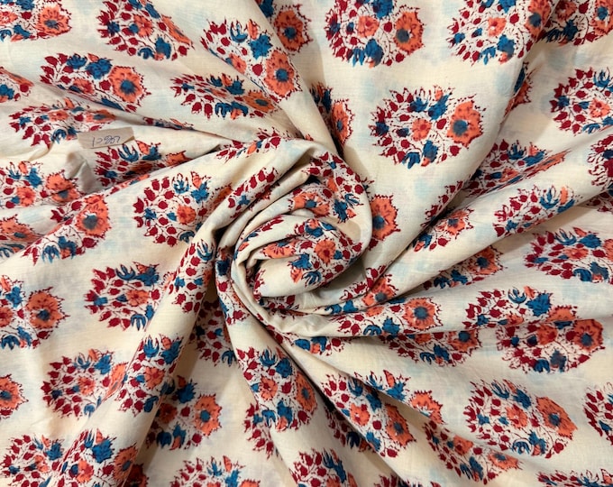 Hand Block Print Cotton Running Fabric, Natural Dye Fabric by the Yard, Handmade Indian Textile, Sewing Craft Fabric