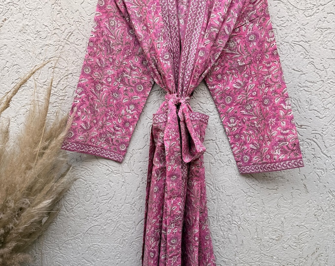 Hand Block Printed Cotton Bathrobe – Pink & White Floral Kimono Robe – Lightweight Boho Dressing Gown – Soft Spa Robe – Summer Loungewear