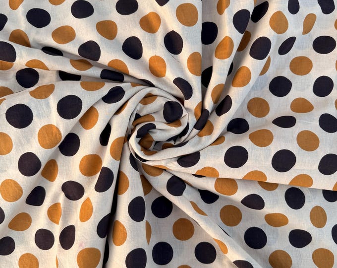 Bagru Hand Block Print Cotton Fabric – Natural Dye Polka Dot Print on Off White Base – Mustard & Black Dots
